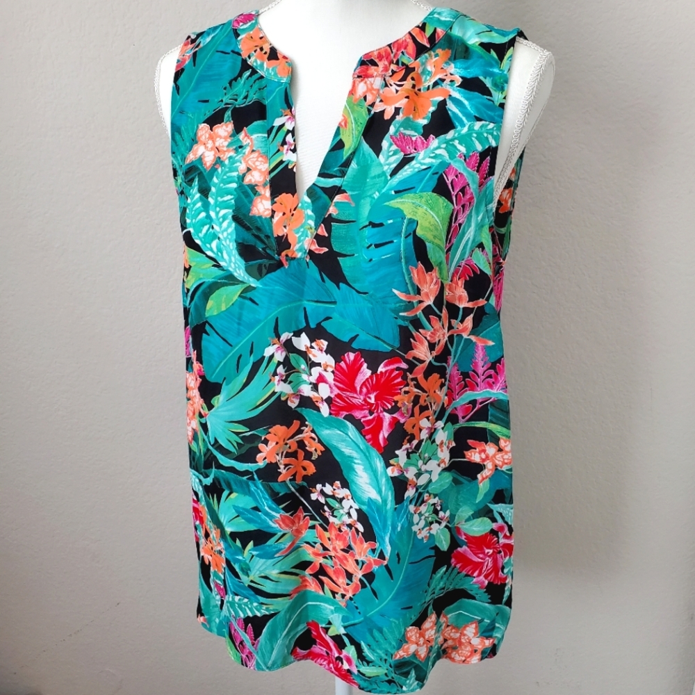 Adrianna Papell V-neck Sleeveless Green Floral Summer Vacation Blouse Size M